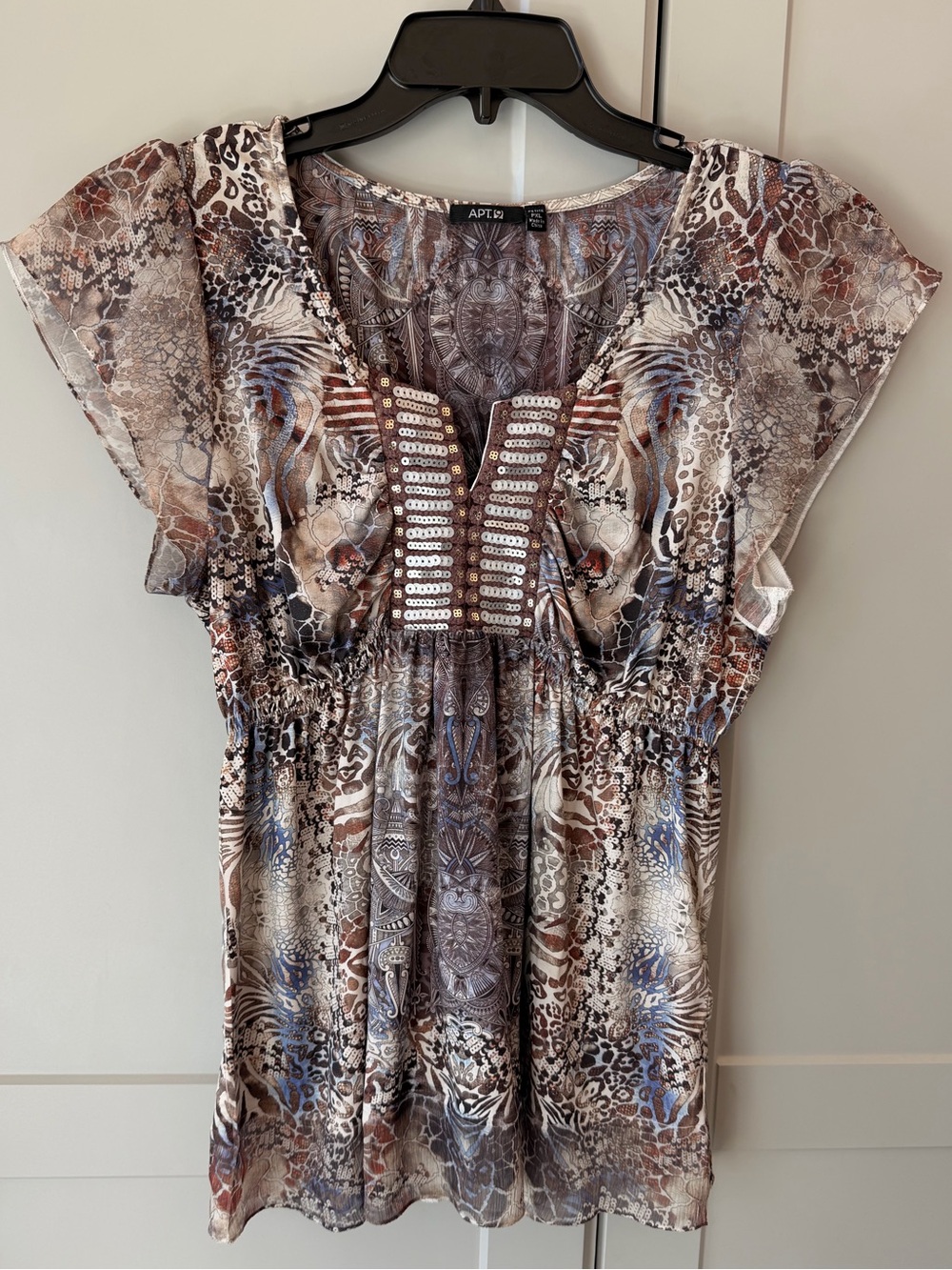 APT. 9 Y2K Boho Animal Print Sequin Embellished Blouse Petite P/XL